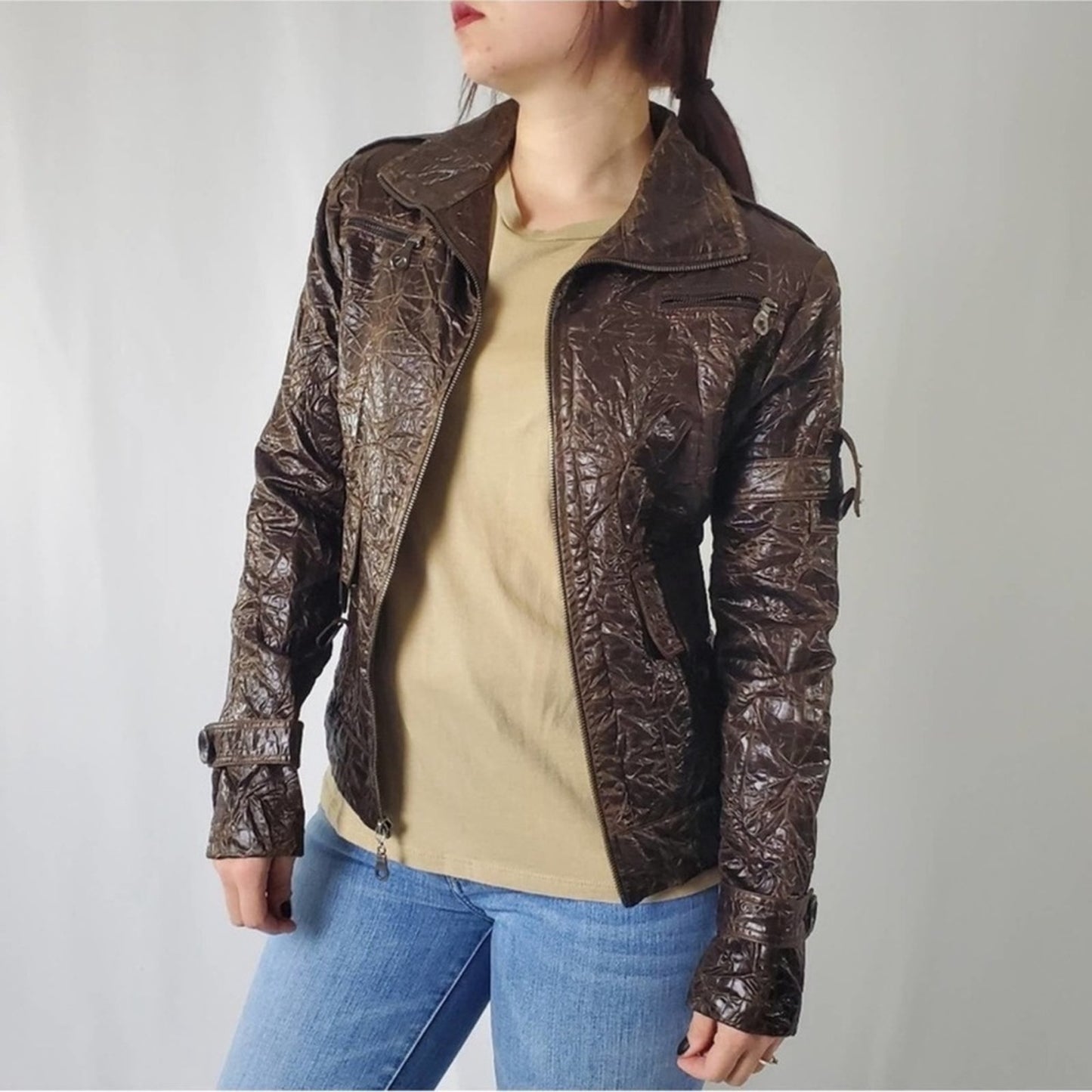 Retro Brown Crinkle Bomber Moto Jacket