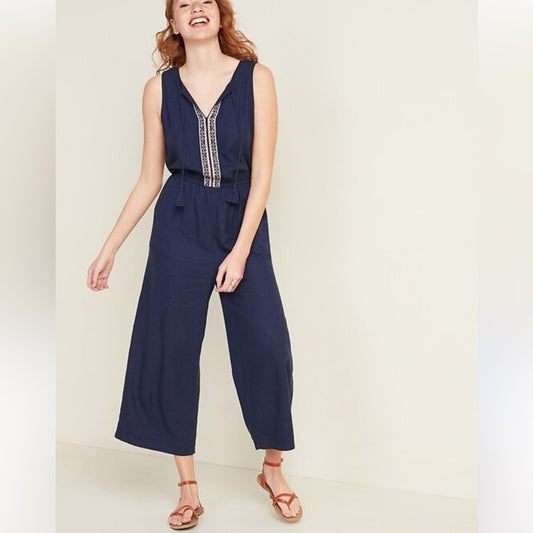 Old Navy Tassel Tie Wide Leg Linen Jumpsuit