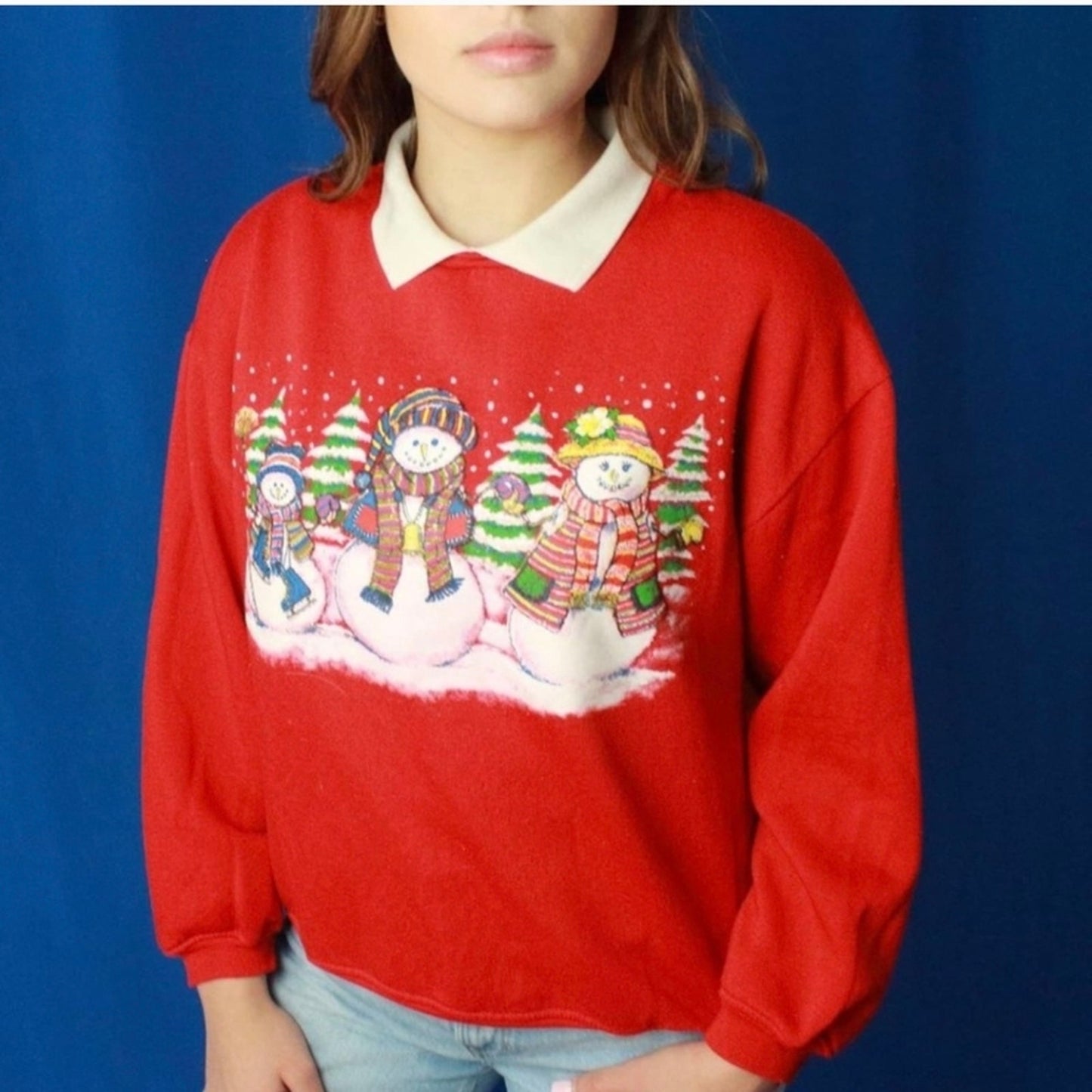 Vintage Winter Snowman Forest Pine Trees 80 Sweatshirt - Large