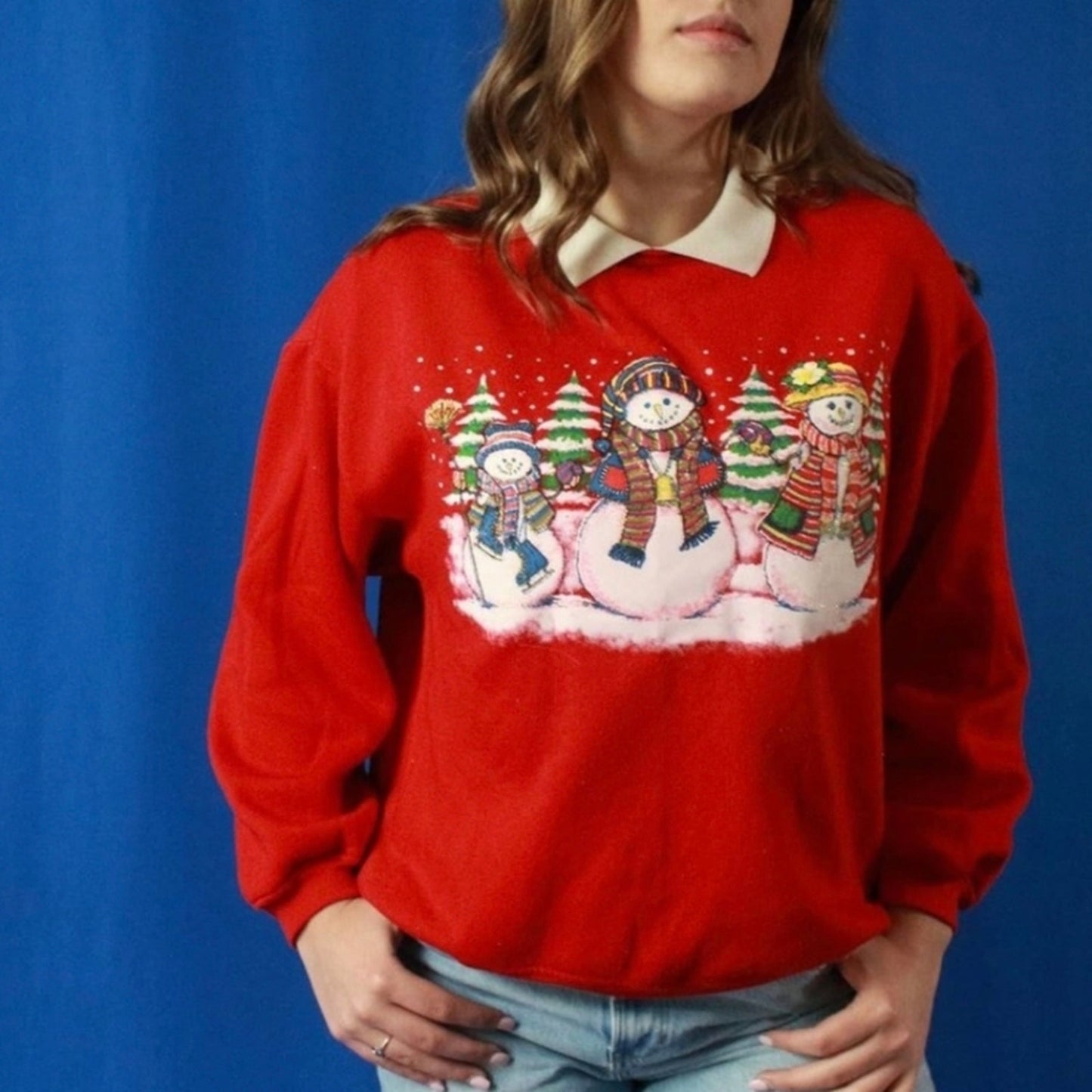 Vintage Winter Snowman Forest Pine Trees 80 Sweatshirt - Large