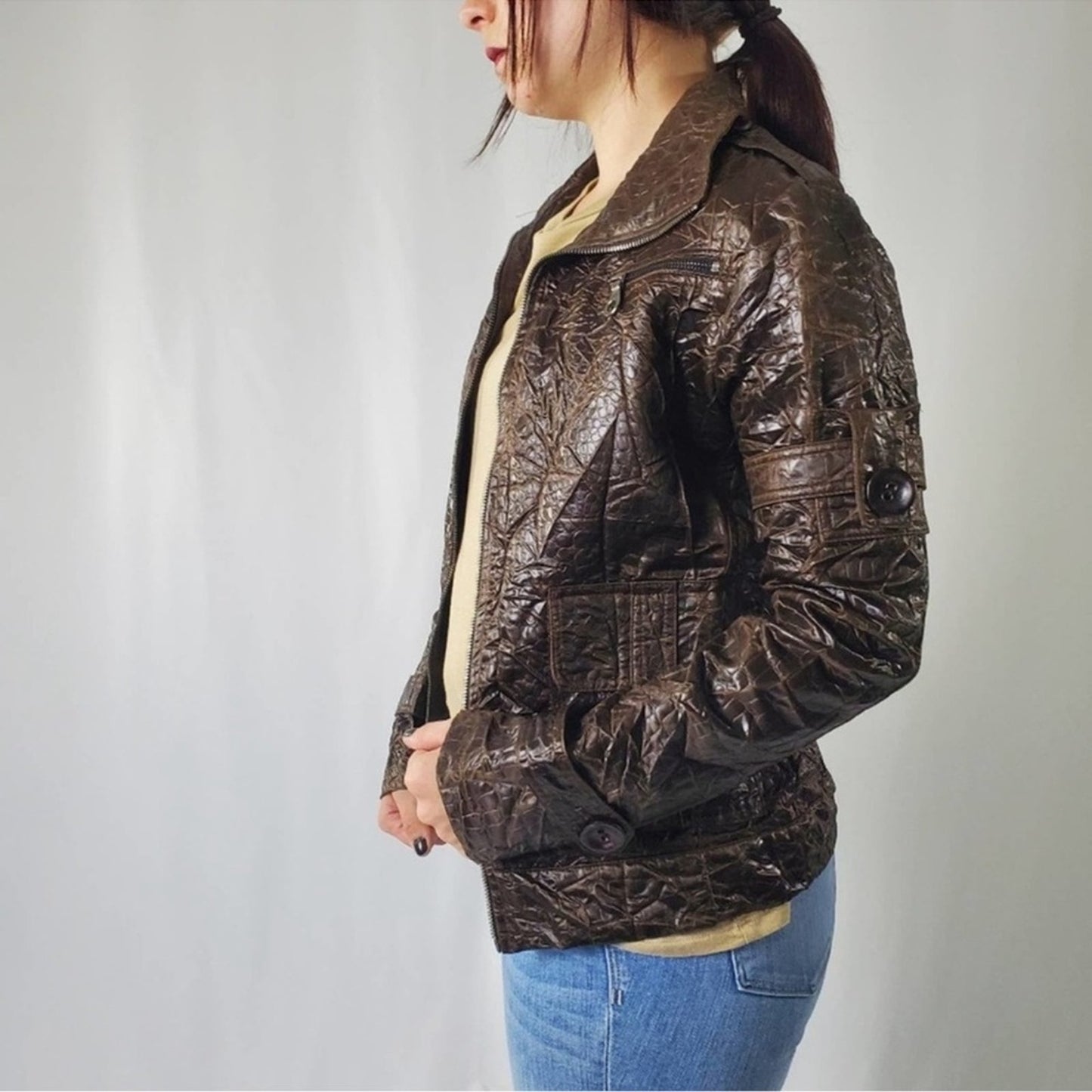 Retro Brown Crinkle Bomber Moto Jacket