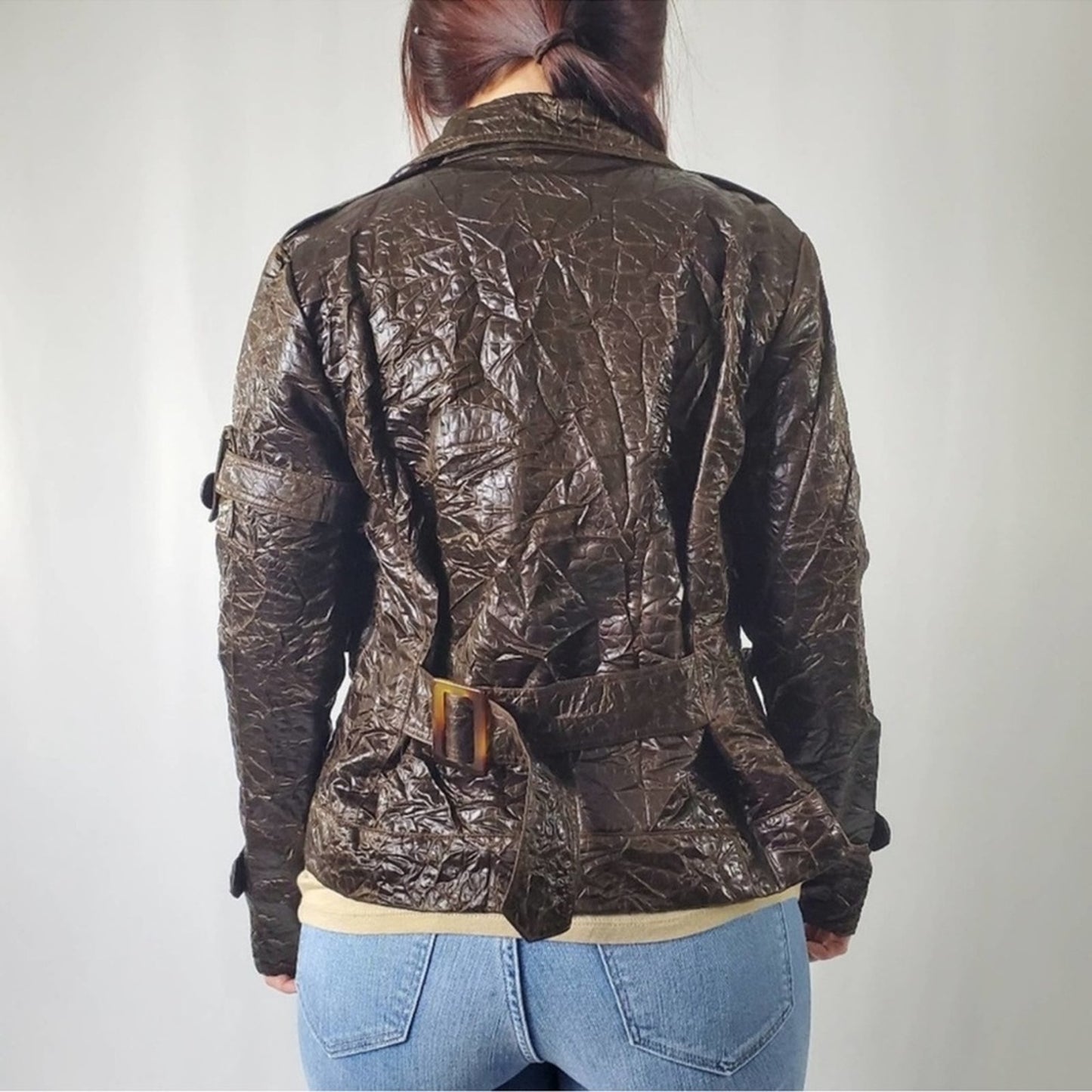 Retro Brown Crinkle Bomber Moto Jacket