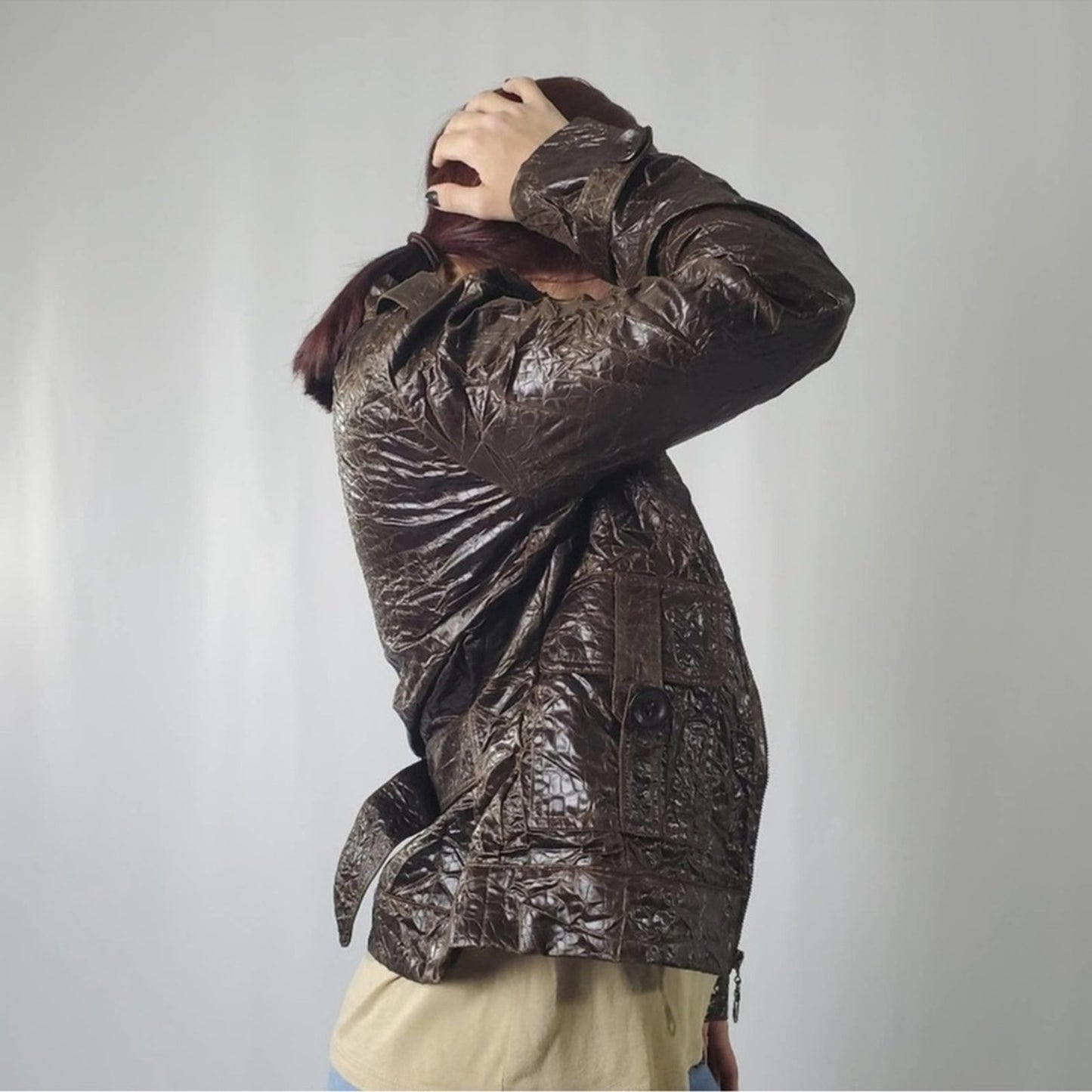 Retro Brown Crinkle Bomber Moto Jacket