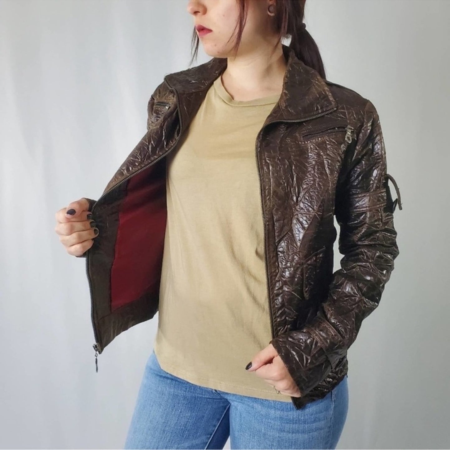 Retro Brown Crinkle Bomber Moto Jacket