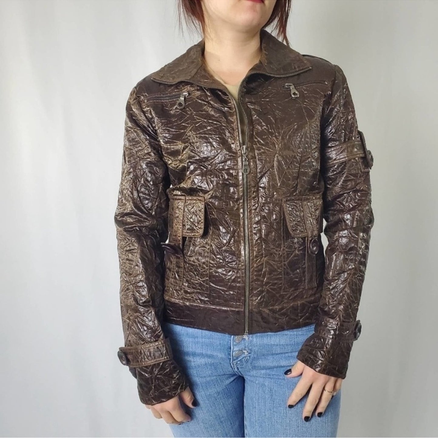 Retro Brown Crinkle Bomber Moto Jacket