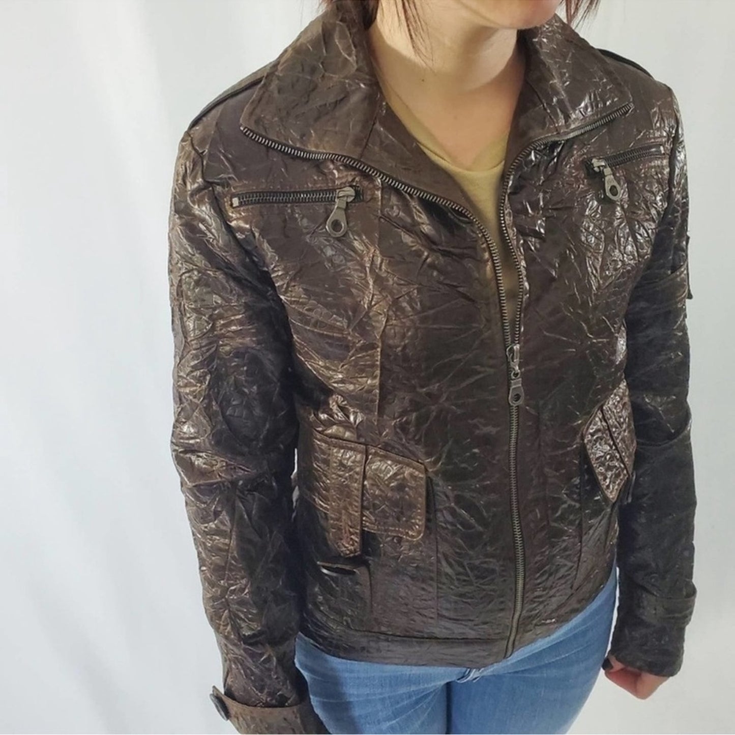 Retro Brown Crinkle Bomber Moto Jacket