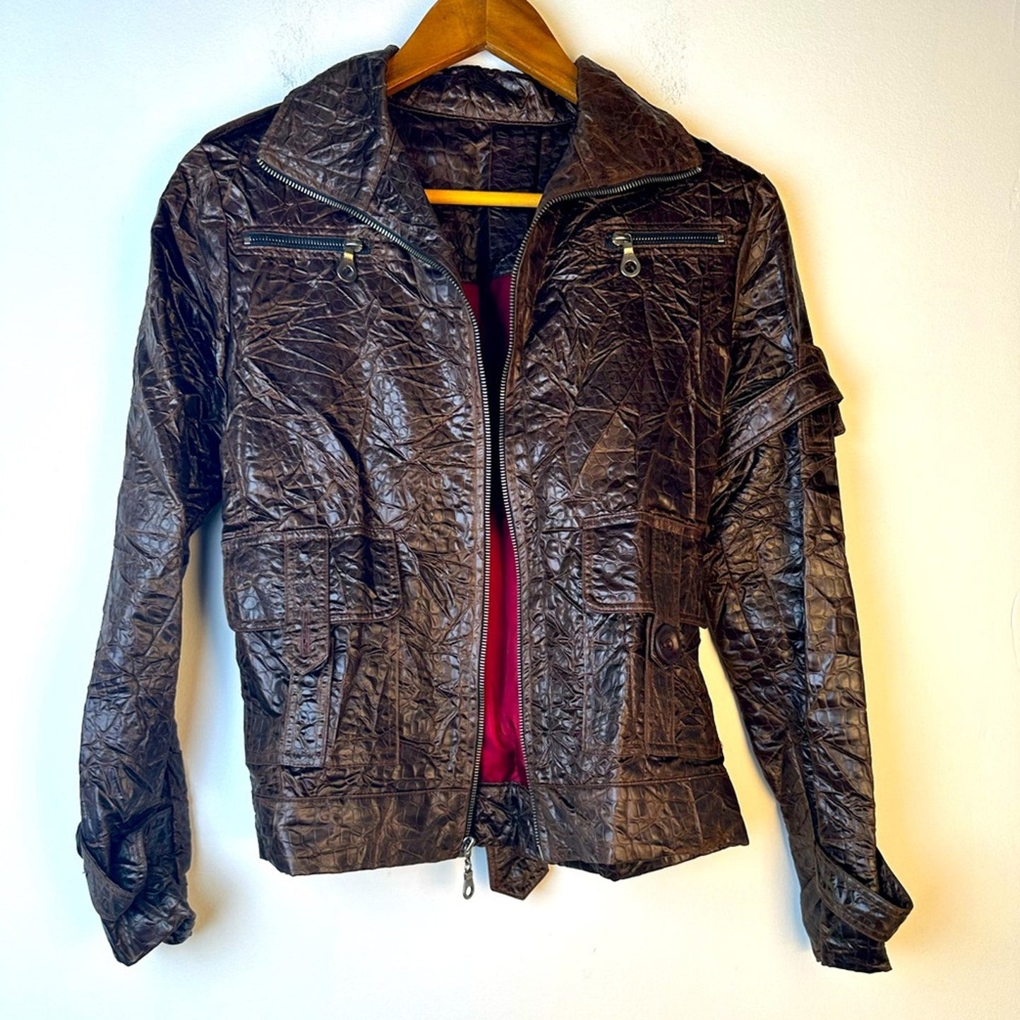 Retro Brown Crinkle Bomber Moto Jacket