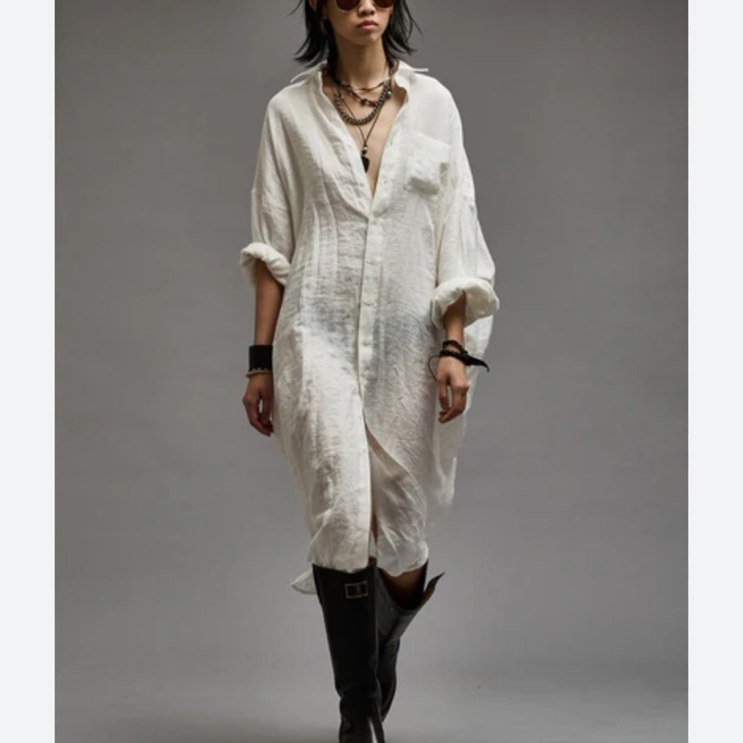 Long White Button Front Tunic