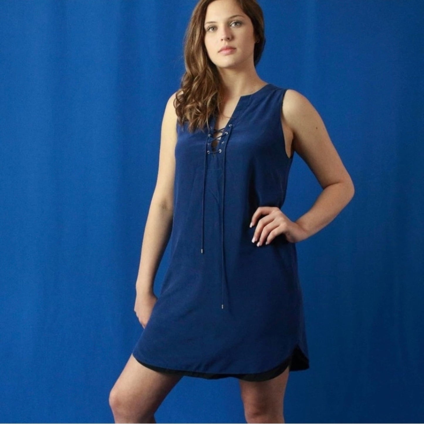 Amanda Uprichard Navy Michaela Lace Up Silk Dress - Medium