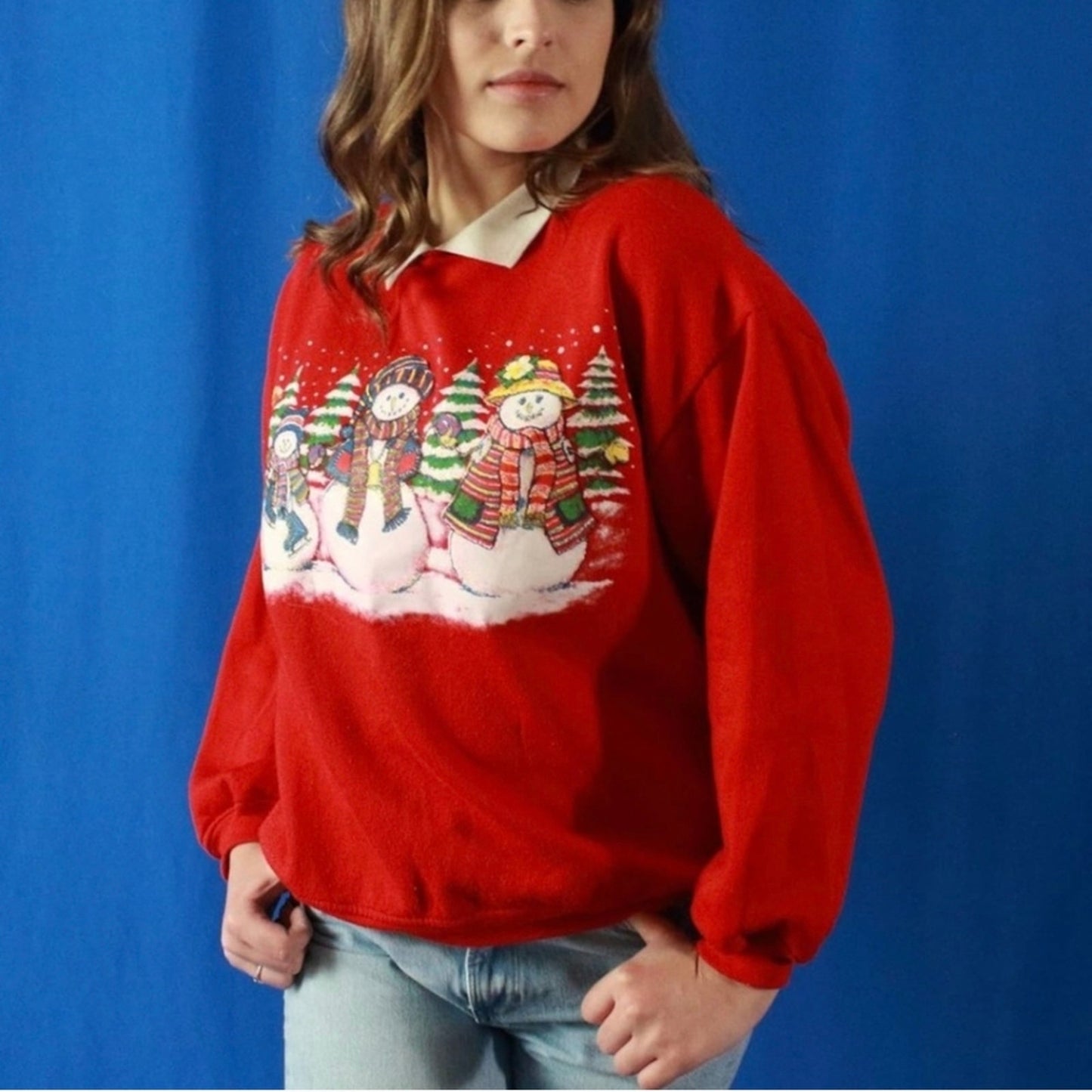 Vintage Winter Snowman Forest Pine Trees 80 Sweatshirt - Large