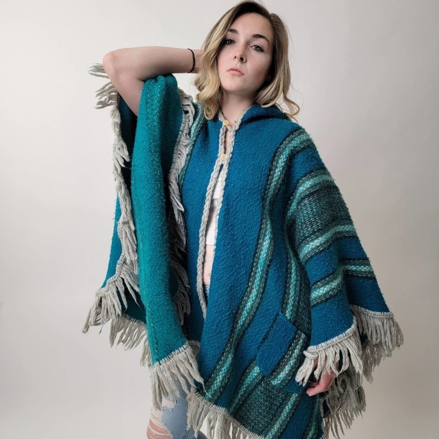 One of a Kind 70's Mod Knit Fringe Poncho Shrug