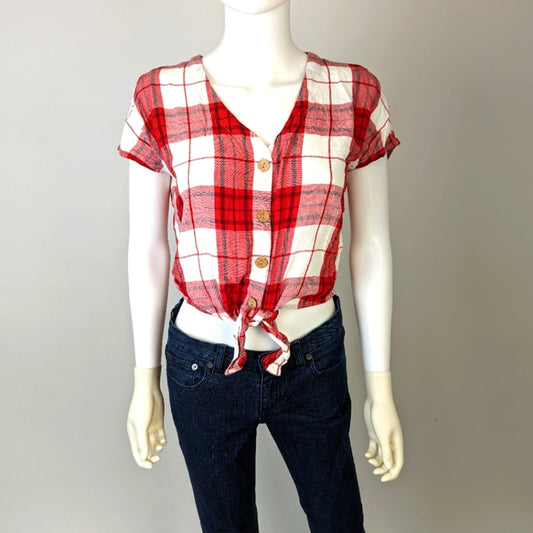 Universal Thread Plaid Cropped Button Front Shirt XS