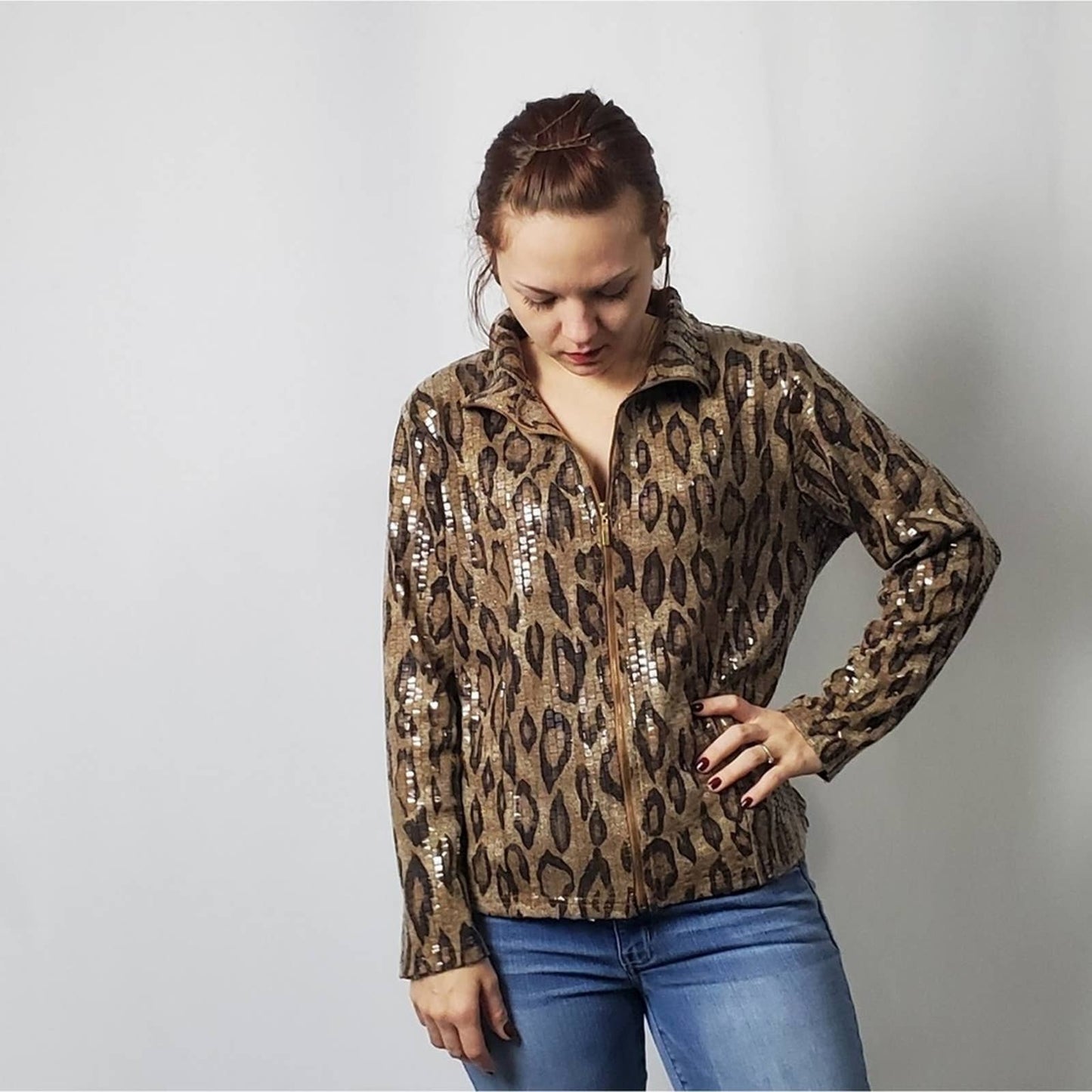 Erin London Beaded Cheetah Print Zip Up Jacket - M