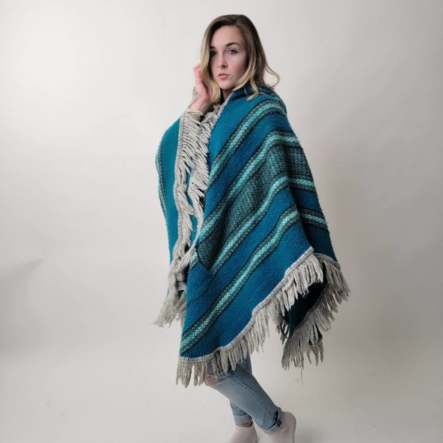 One of a Kind 70's Mod Knit Fringe Poncho Shrug