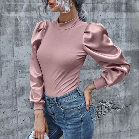 Mock Neck Satin Gigot Sleeve Rib Knit Top - S