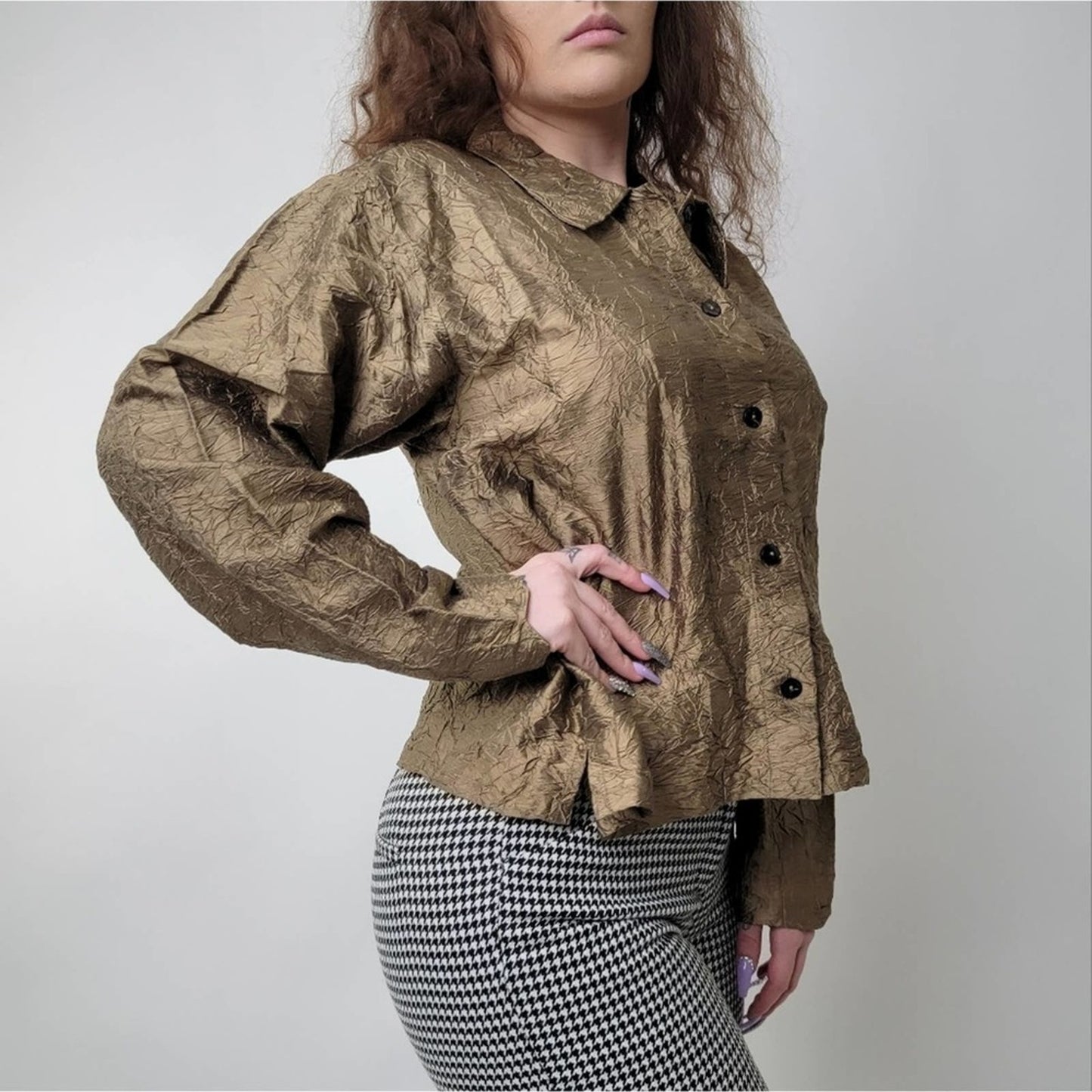 Vintage 90s Orvis Gold Ruffled Silk button Up Jacket - M