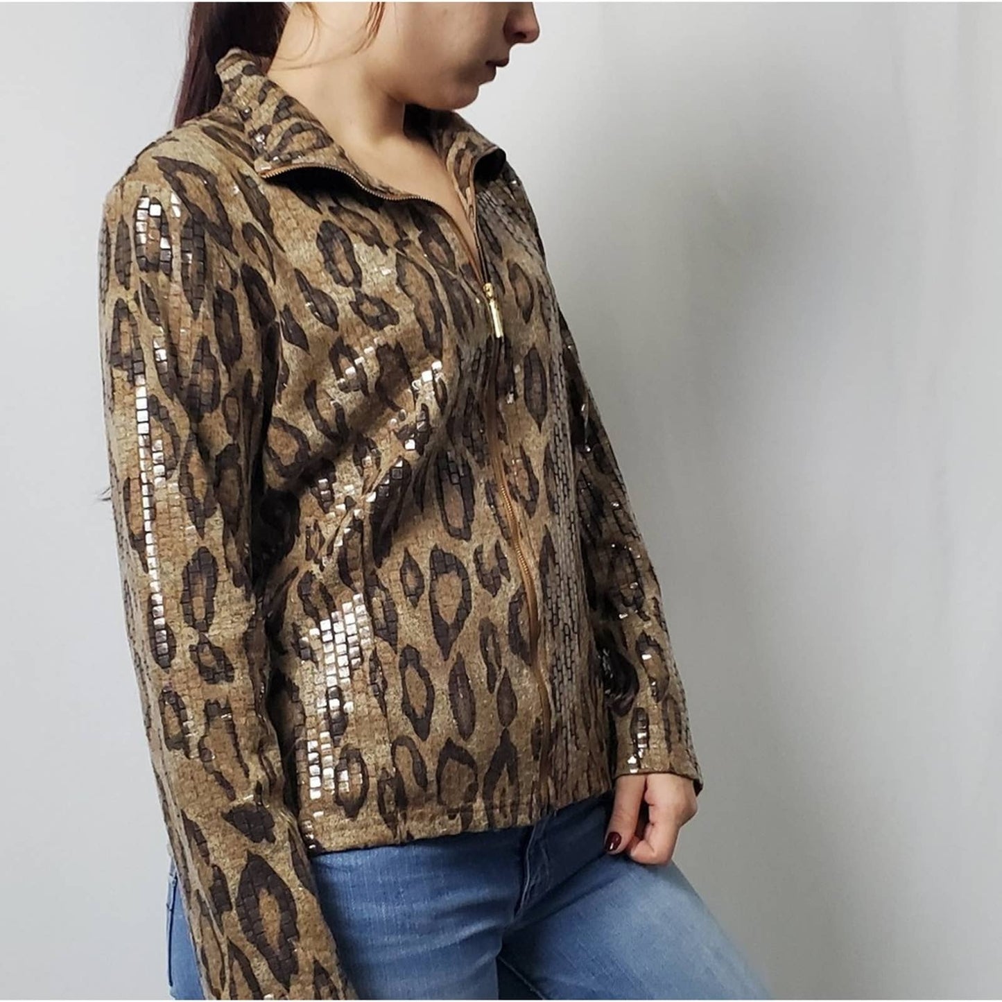 Erin London Beaded Cheetah Print Zip Up Jacket - M