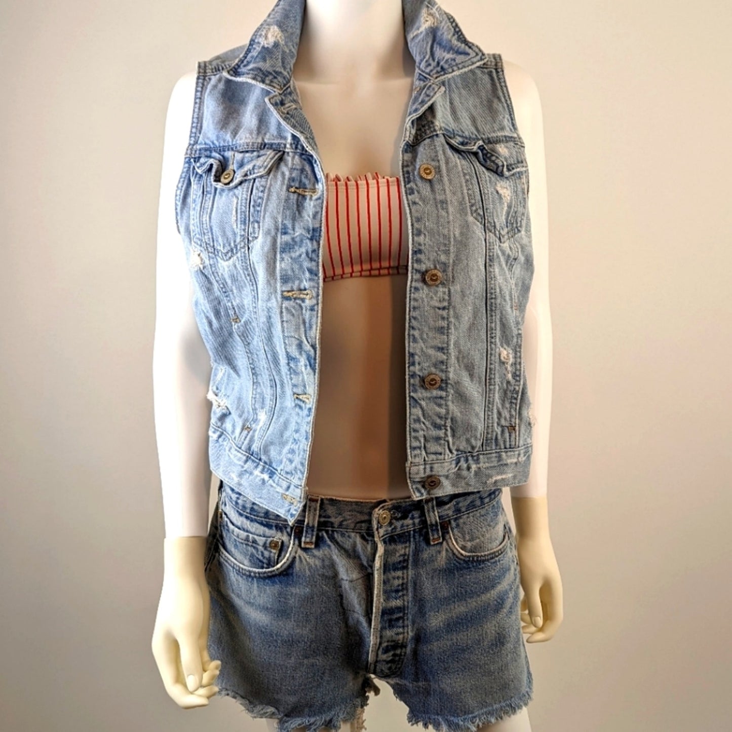 Hollister Distressed Acid Washed Denim Vest L