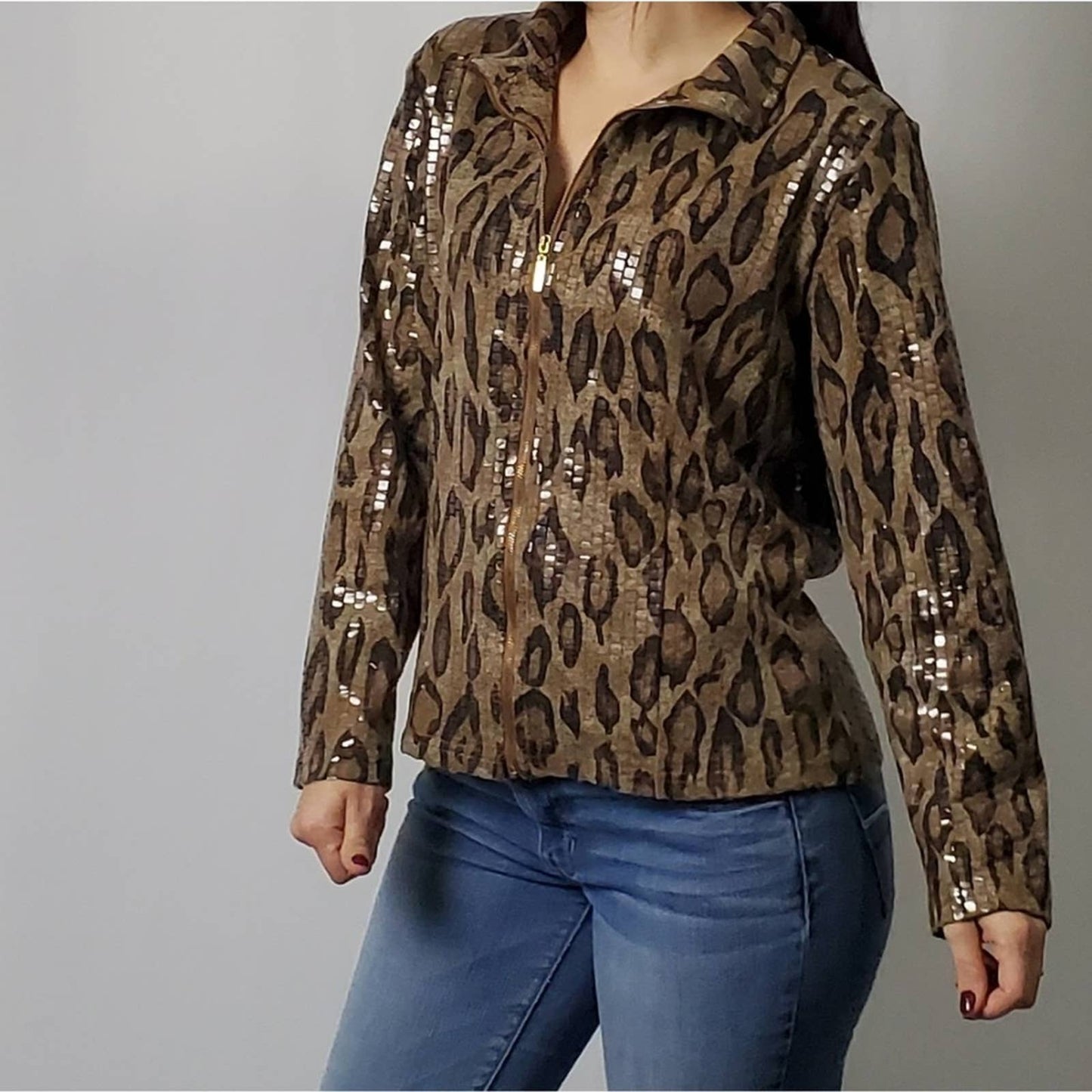 Erin London Beaded Cheetah Print Zip Up Jacket - M