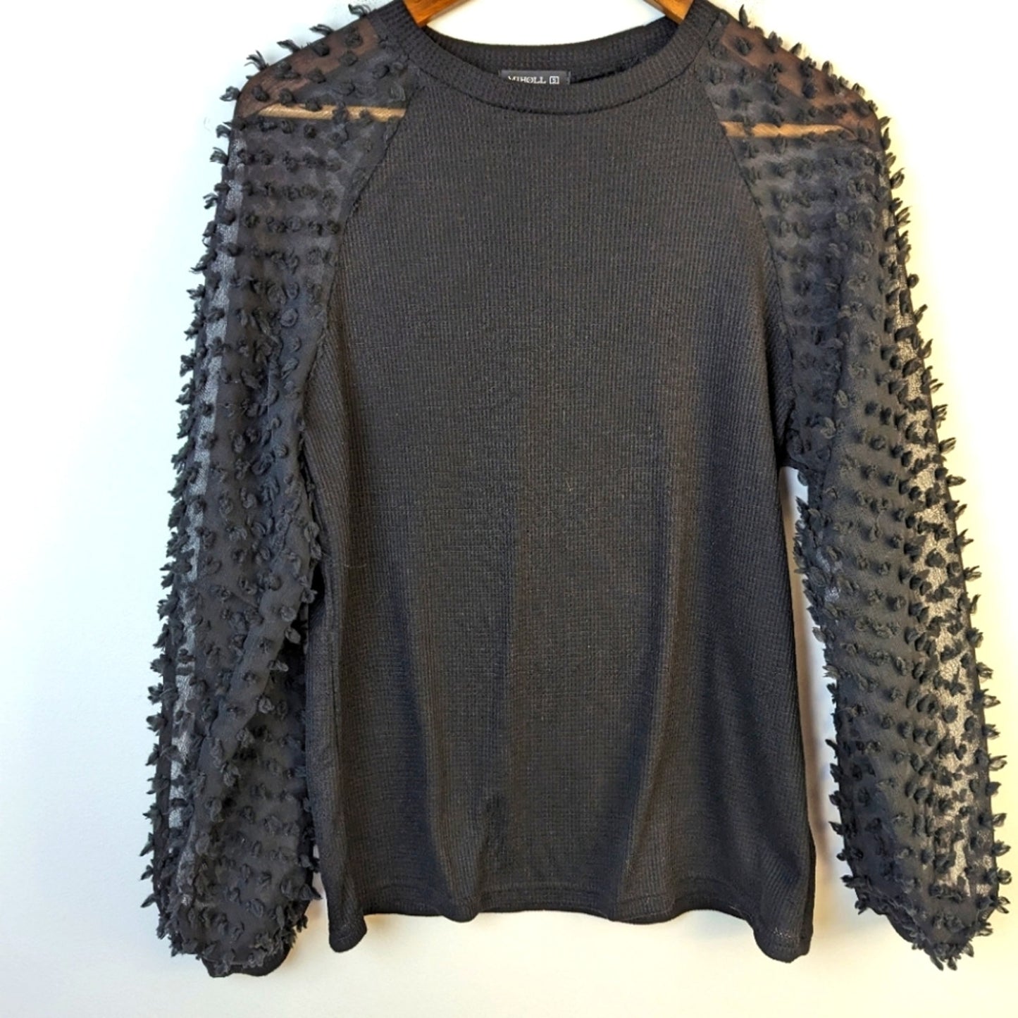 Black Textured Sleeve Waffle Top / Small