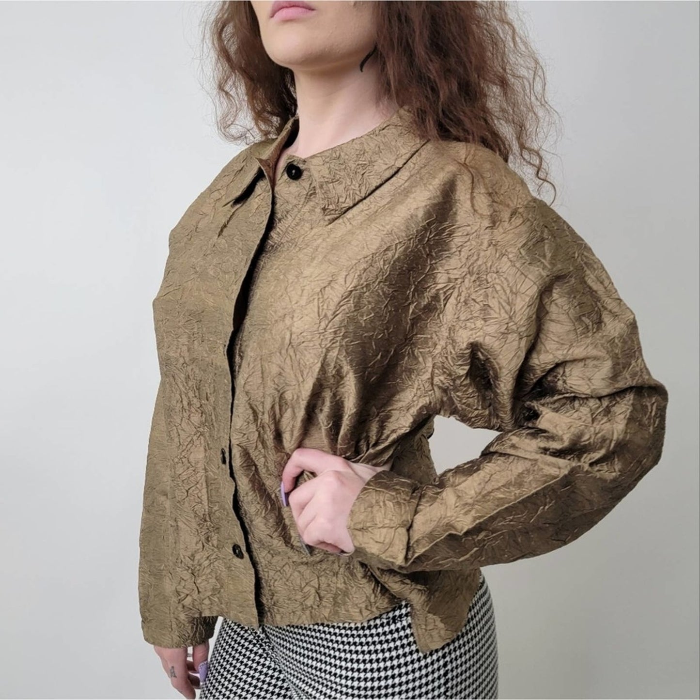 Vintage 90s Orvis Gold Ruffled Silk button Up Jacket - M