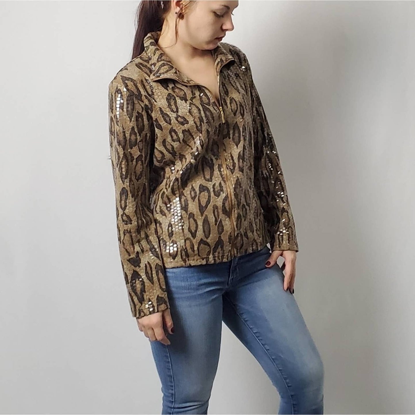 Erin London Beaded Cheetah Print Zip Up Jacket - M