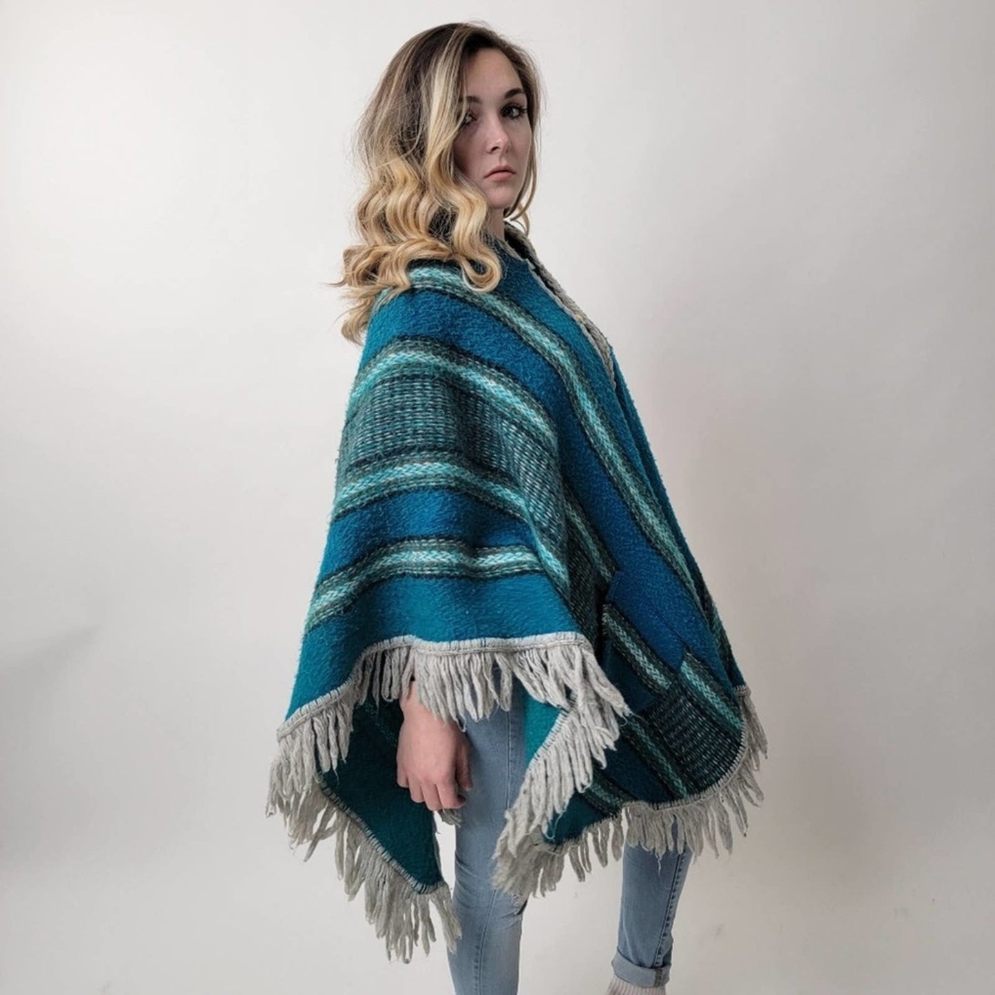 One of a Kind 70's Mod Knit Fringe Poncho Shrug