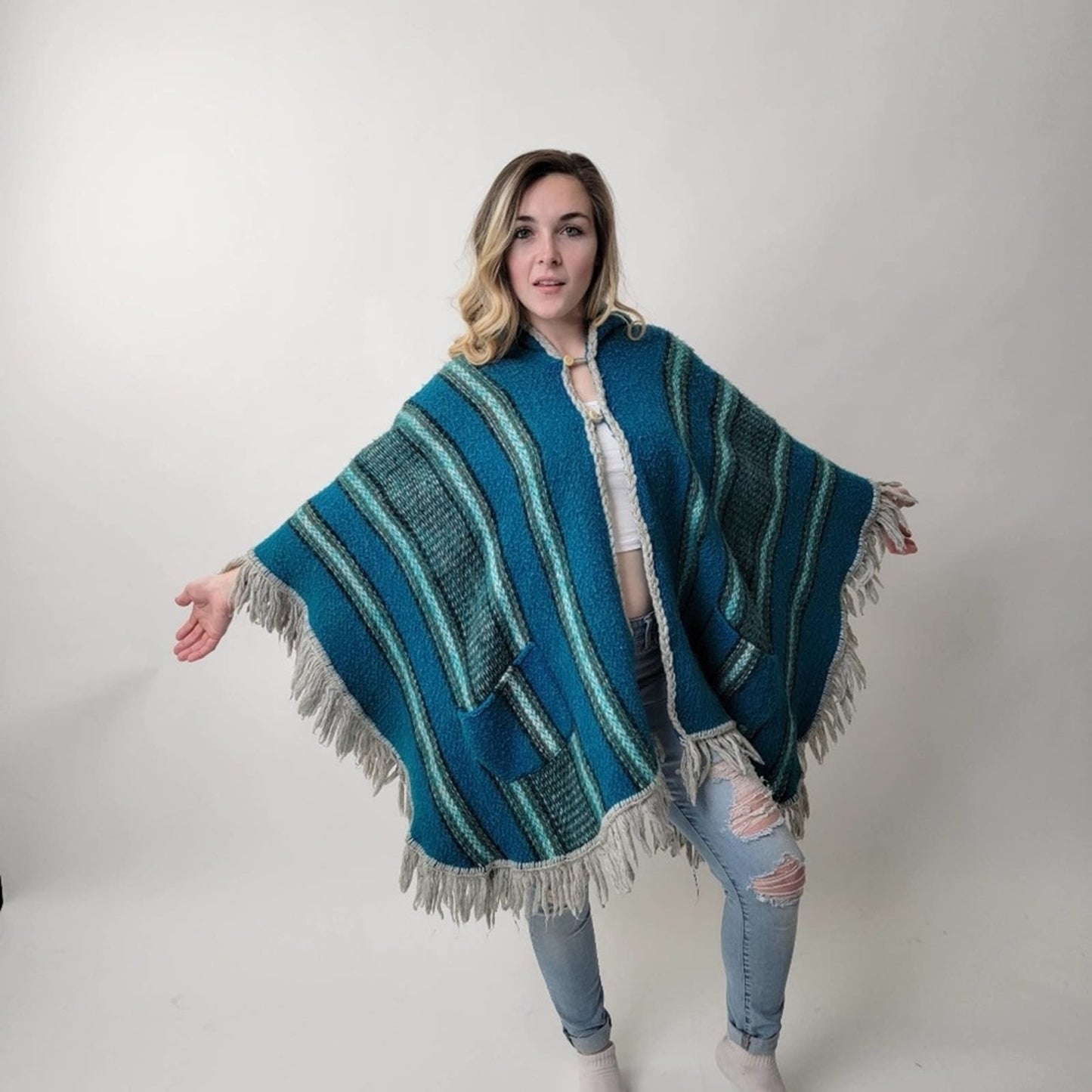 One of a Kind 70's Mod Knit Fringe Poncho Shrug