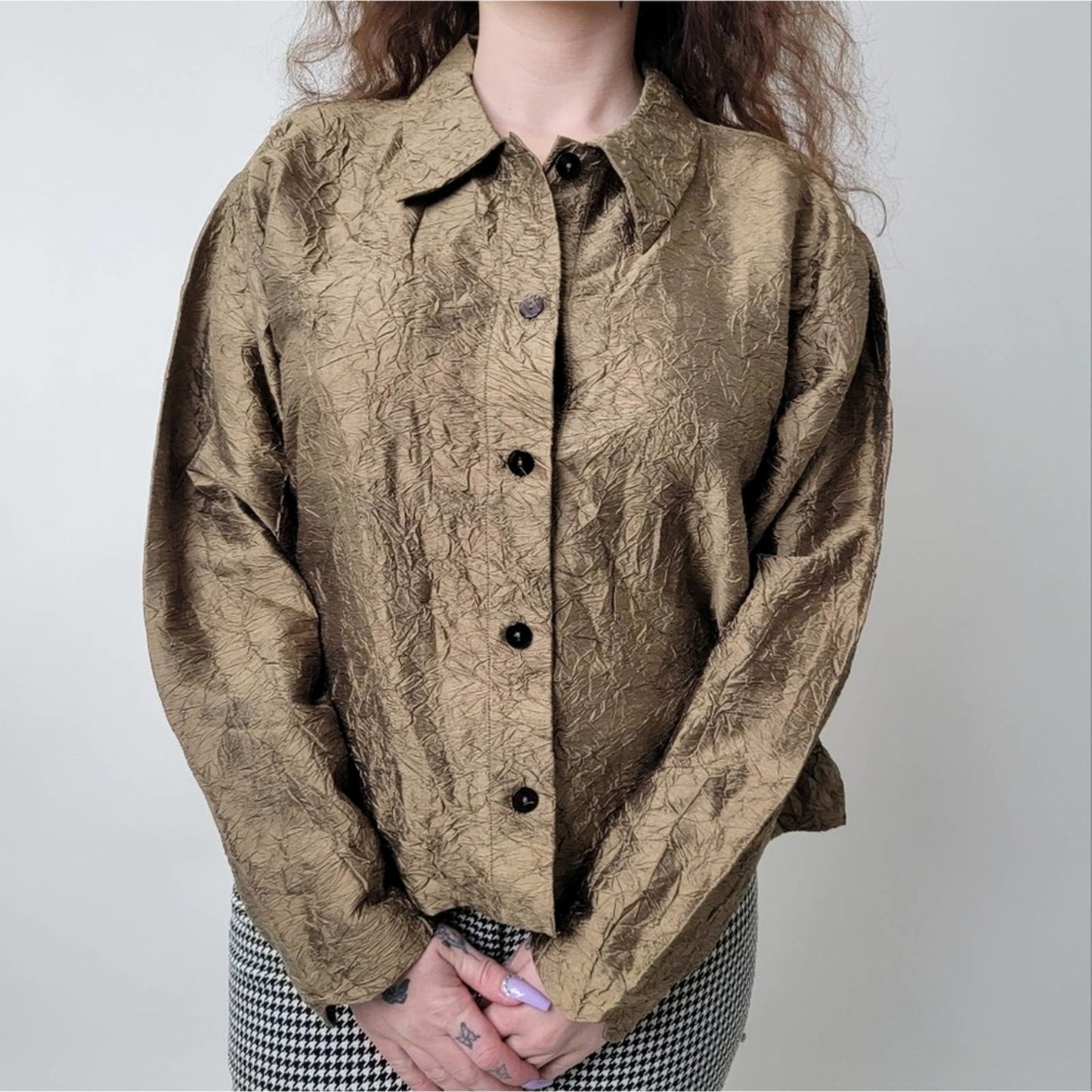 Vintage 90s Orvis Gold Ruffled Silk button Up Jacket - M