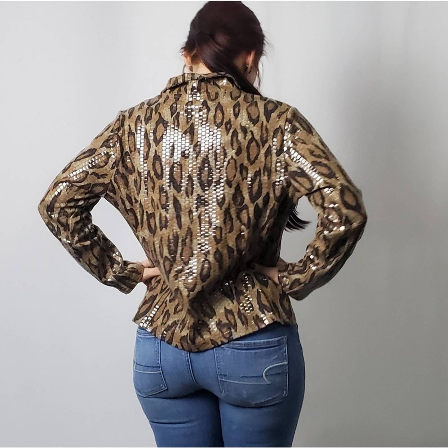 Erin London Beaded Cheetah Print Zip Up Jacket - M