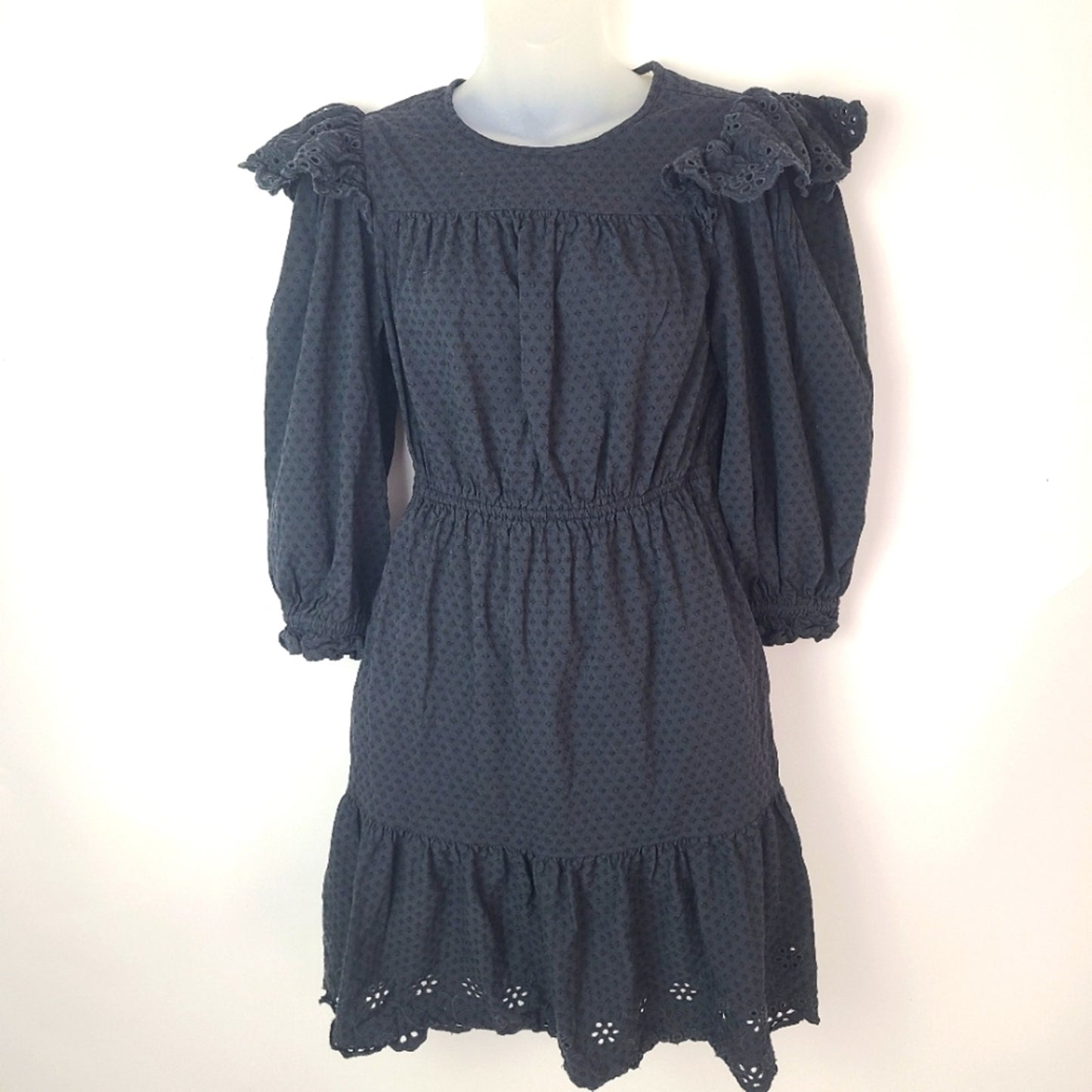 Ruffled Long Sleeved Black Dress XS