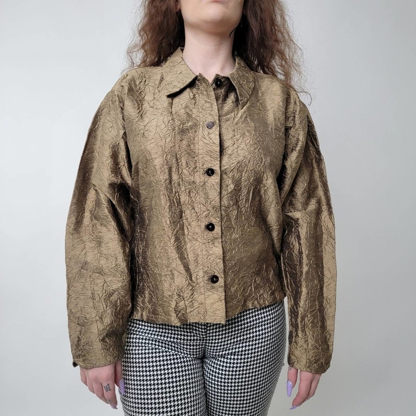 Vintage 90s Orvis Gold Ruffled Silk button Up Jacket - M