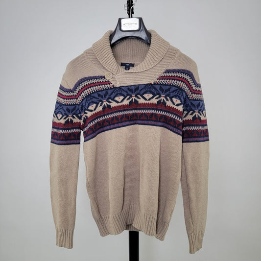 Gap Men's Shawl Neck Fair Isle Aztec Oatmeal Pullover Sweater M