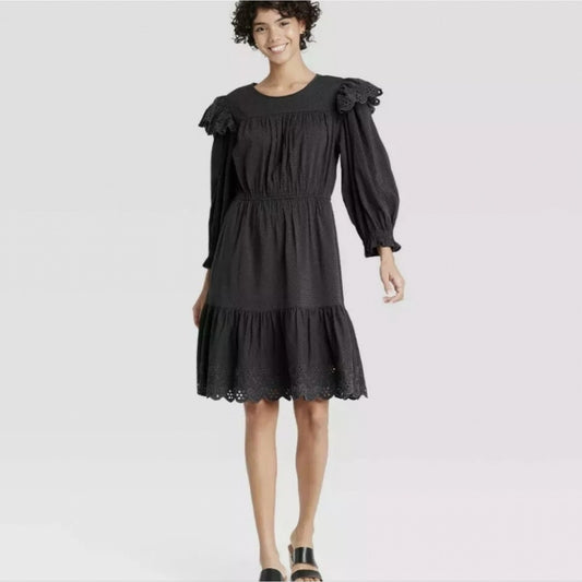 Ruffled Long Sleeved Black Dress XS