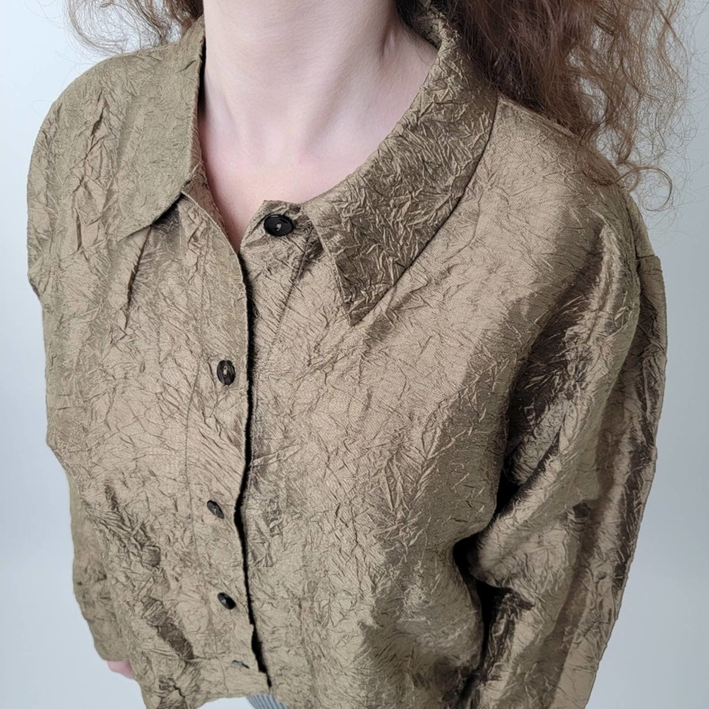 Vintage 90s Orvis Gold Ruffled Silk button Up Jacket - M