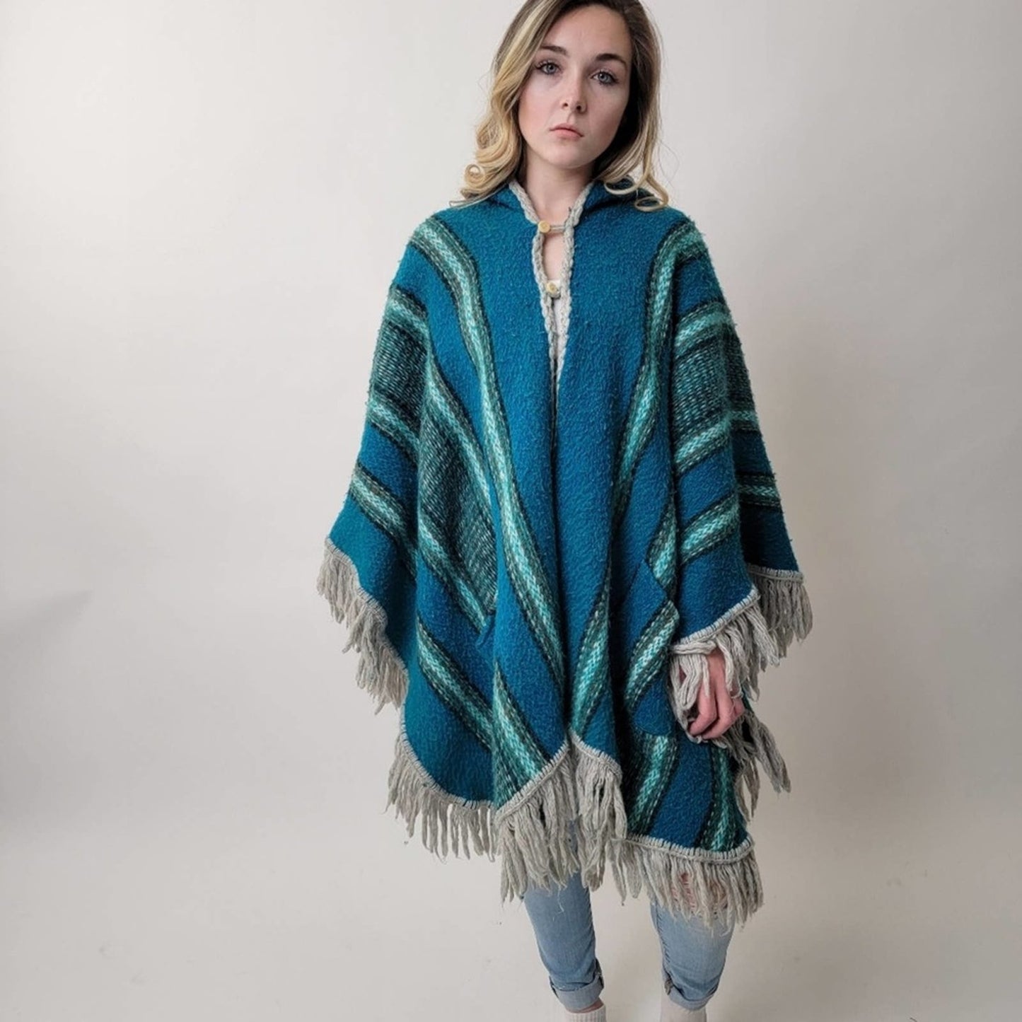 One of a Kind 70's Mod Knit Fringe Poncho Shrug