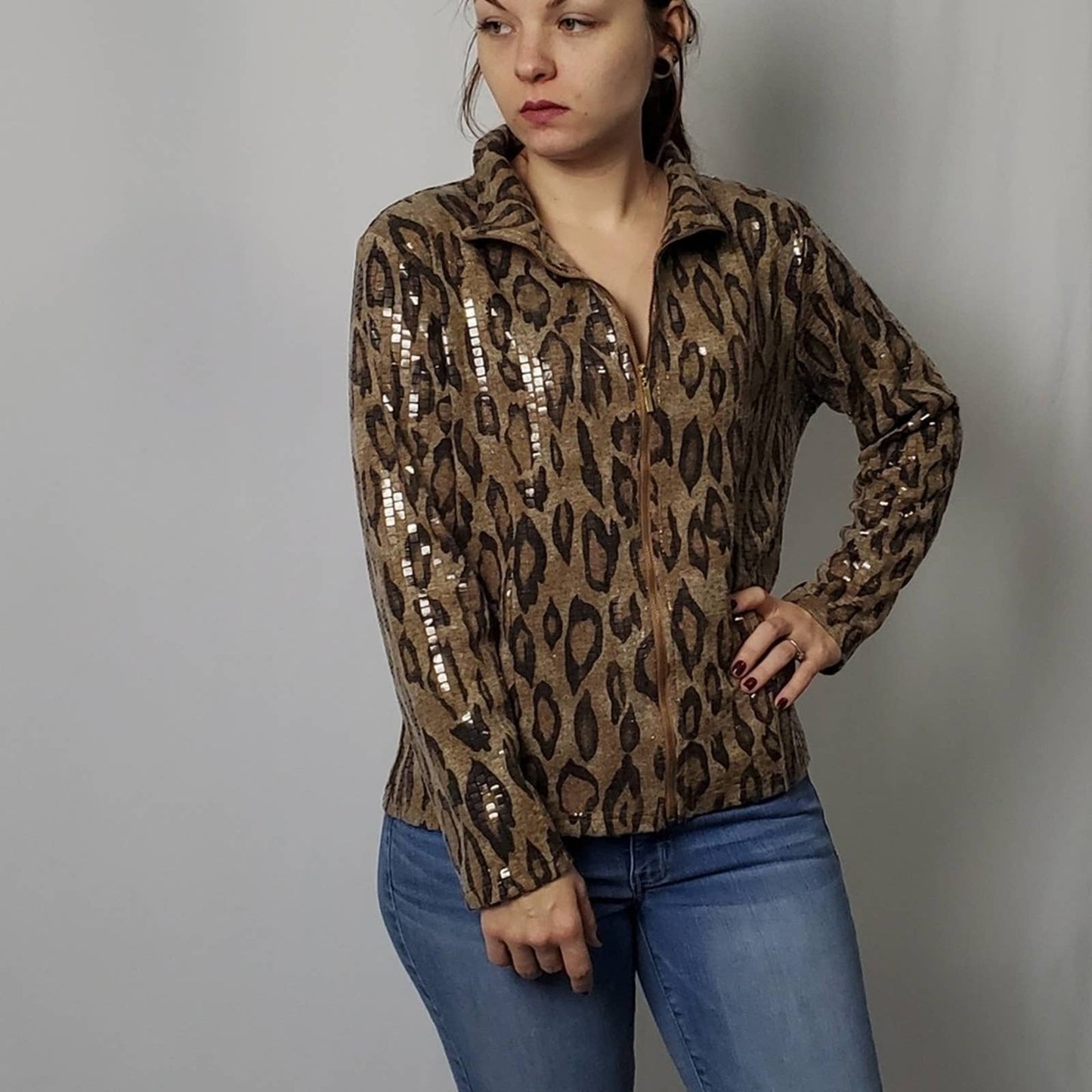 Erin London Beaded Cheetah Print Zip Up Jacket - M