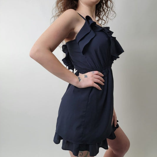 Navy Blue Ruffled Romper Mini Dress L