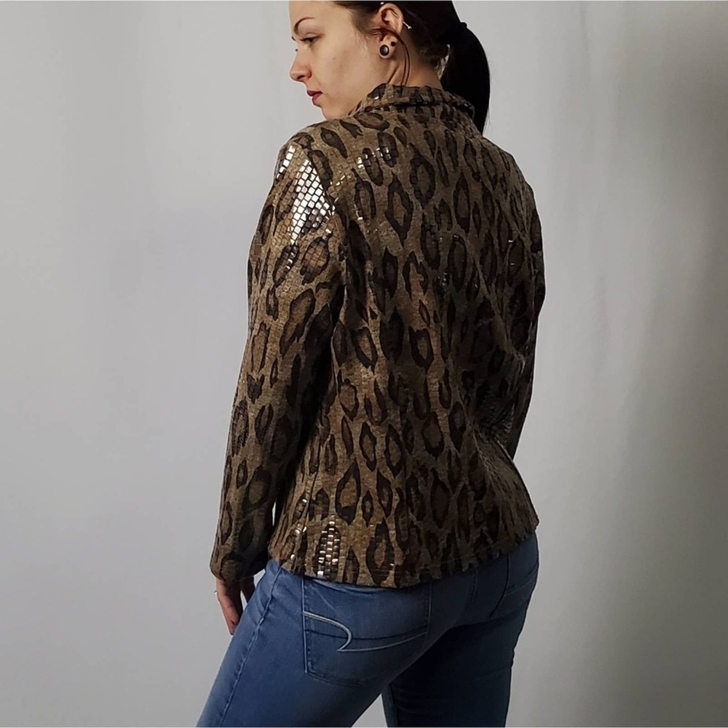 Erin London Beaded Cheetah Print Zip Up Jacket - M